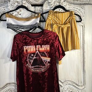Curated Three Piece Y2K Bundle Red Velvet Graphic T-Shirt,  Bandeaux Top,/Shorts